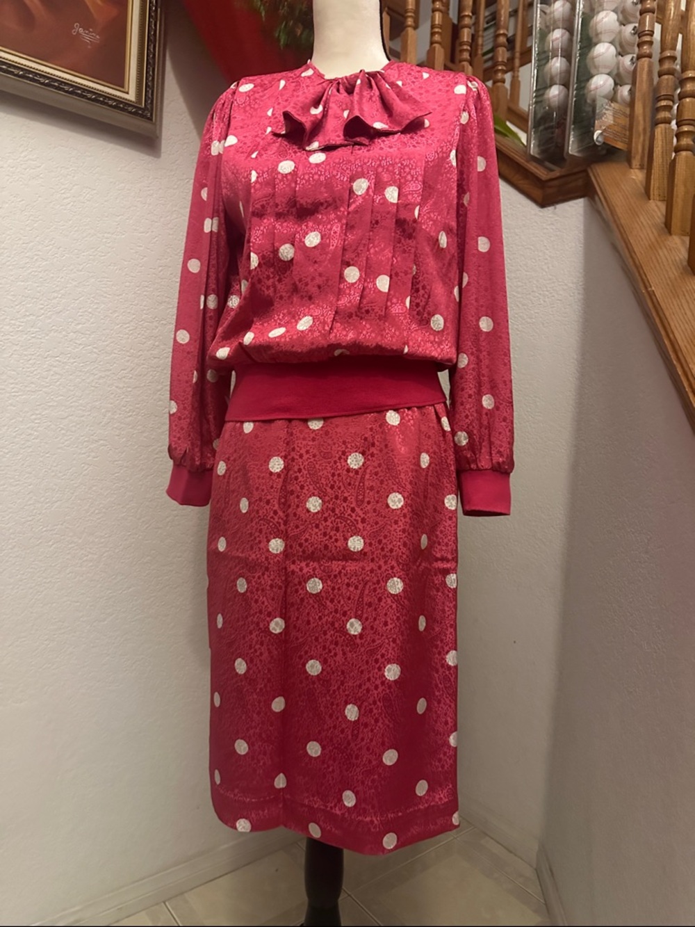 Polka Dot Tie-Neck Midi Skirt and too set in Fuchsia silk Jacquard